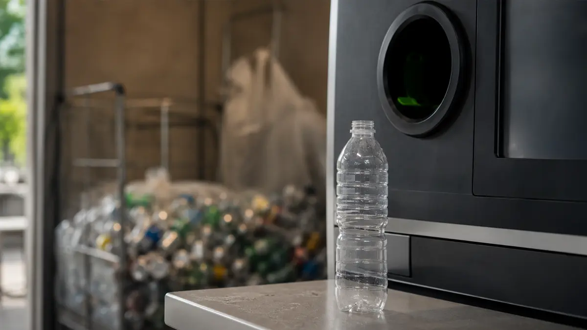 Nachdenkliche Szene mit Pfandautomat und gemischtem Verpackungsmüll als Symbol für die Kritik am Pfandsystem