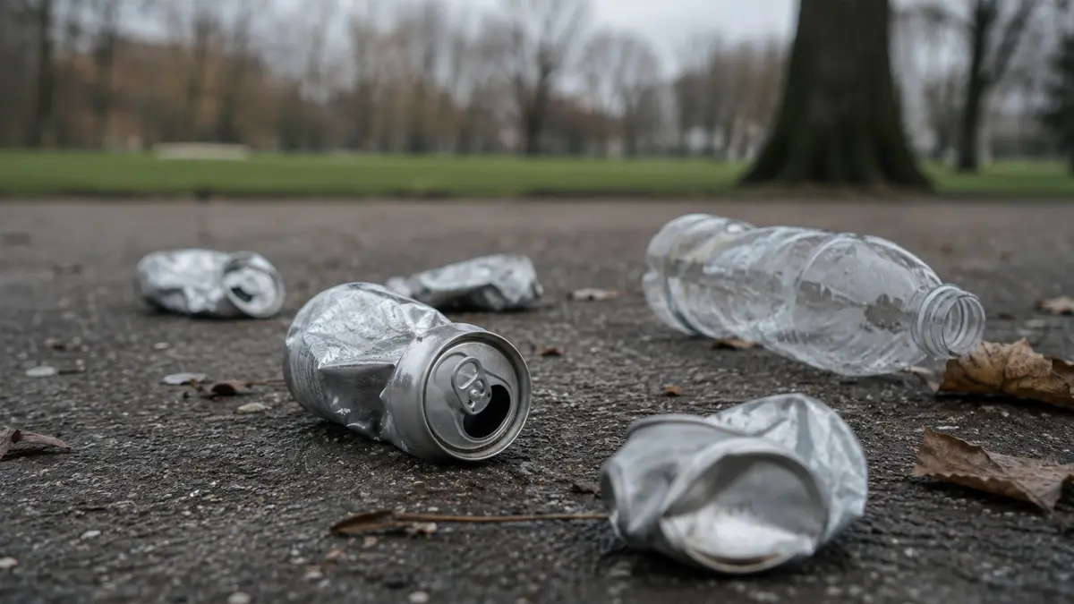 Leere zerdrückte Getränkedosen und eine PET-Flasche liegen achtlos auf dem Boden