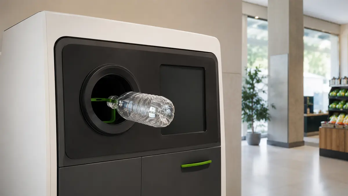 Moderner Pfandautomat, in den eine leere PET-Flasche eingeworfen wird